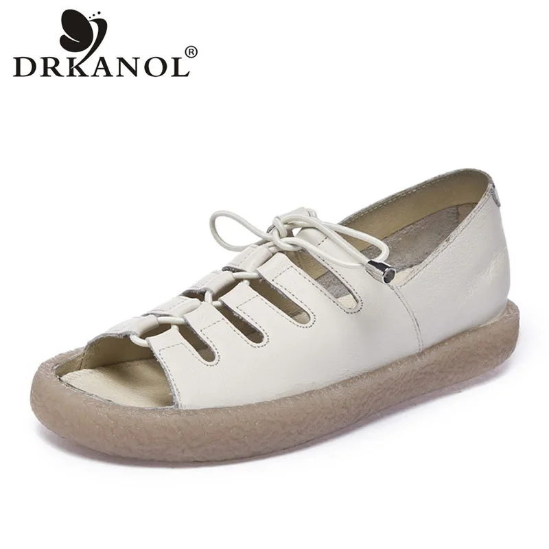 DRKANOL Fashion Women Flat Sandals Summer Open Toe Roman Shoes Genuine Leather Open Toe Cross Lace-up Low Heel Casual Sandals