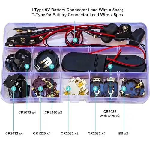 Battery Holders Assorted Kit CR2032 CR2450 CR1220 Coin Cell Holder with Wires On Off Switch I-Type T-Type for Electronics