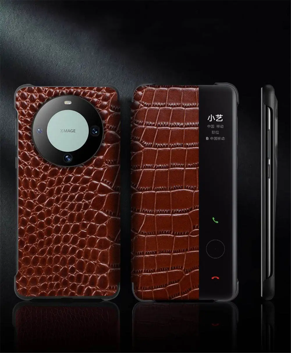 Genuine Cowhide Leather Flip Case for Huawei Mate 60 Pro+/60 Pro/60 Crocodile Window View Business Cover