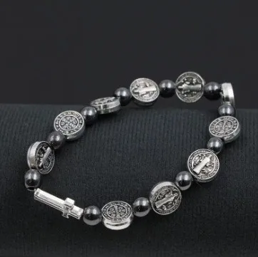 Modisches Katholisches Rosenkranz-Armband St. Benedikt Medaille Kreuz Gebetsarmband Hämatit-Perlen Religiöser Schmuck Accessoires – Detail 3