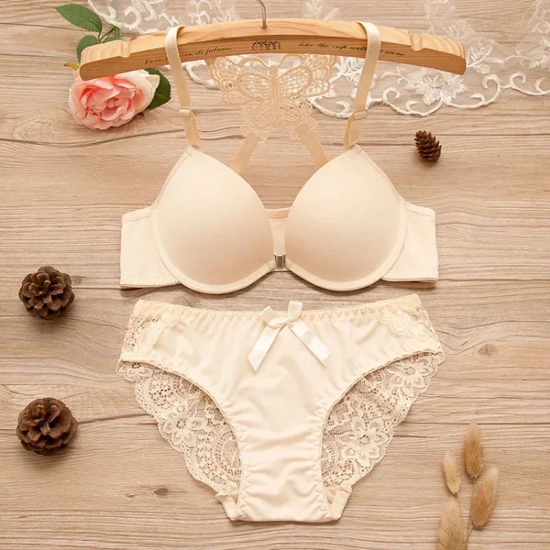 

1set Lace Stitching Bra Panties Front Buckle Push Up Bra Scallop Trim Panties Lingerie Set Women's Lingerie Underwear Sexy