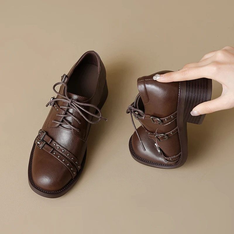 الصلبة اللون مضخات النساء جلد العجل جولة تو الربيع أزياء السيدات اللباس أحذية كعب سميك 4.5 سنتيمتر اليدوية