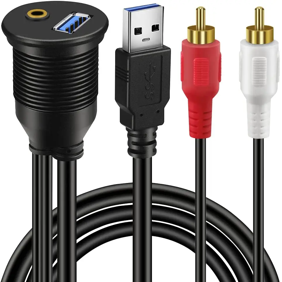 USB 3.0 & 2 RCA Male to 3.5mm USB3.0 Female Car Mount Flush Cable 2RCA USB 3.0 Flush Mount Extension Cable