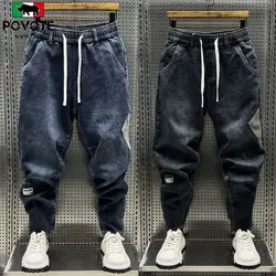 Calça jeans casual de carga masculina, jeans elástico, moda com cordão, moda designer de luxo