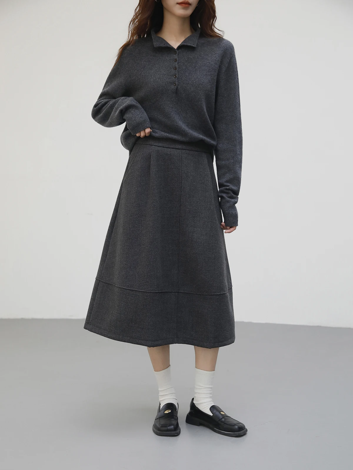 Grey Flower Bud Half Skirt Women's Autumn Winter New Design A-Line Berkeley Woolen  Skirt Casual High Waist Style
