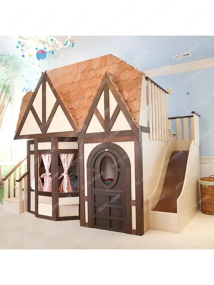 Solid Wood Children\'s Bed Princess House Bed Height-Adjustable Bed Upper and Lower Parent-Child Theme Double Layer Bunk Bed