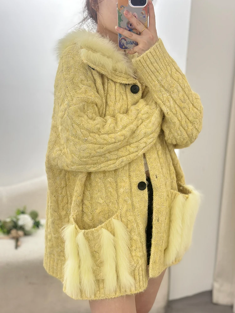 Nuovo autunno inverno abbigliamento lavorato a maglia donna sciolto vera pelliccia di volpe giacca moda maglieria cardigan oversize maglione femminile