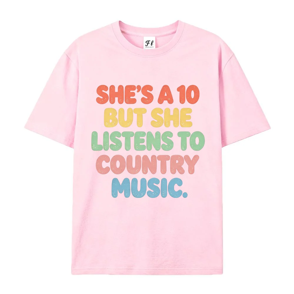 Women  Shes A 10 But She Listens To Country Music Letter Print T Shirt Oversized Short Sleeve Cotton Summer Purple Loose Tops