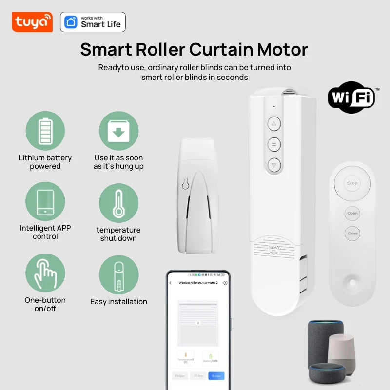 Tuya Smart Remote Electric Motorized Blinds Kit-1Pack with 2.4G WiFi APP Control, Solar Powered, Wroks with Alexa,Google Home