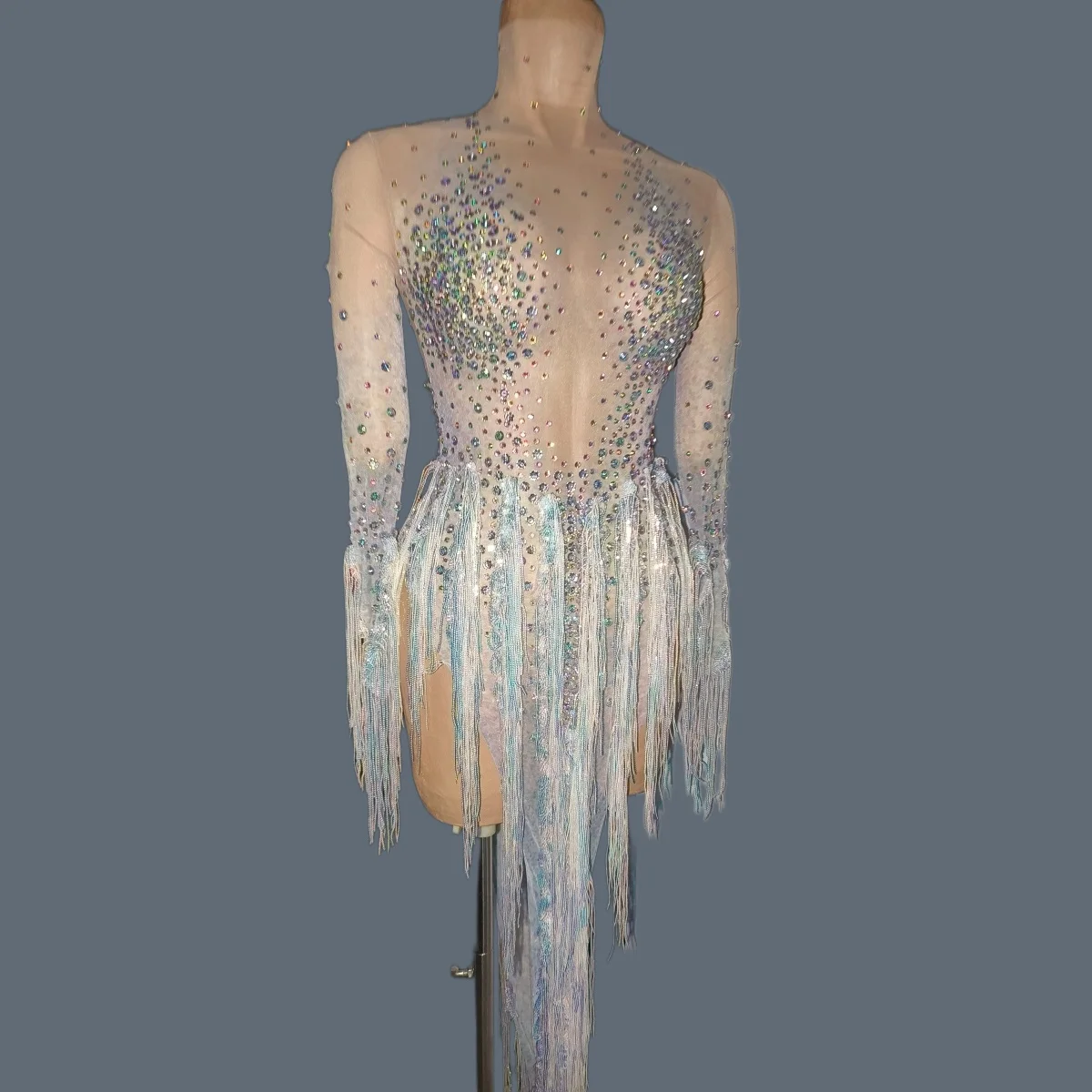 

Iridescent Sparkly Crystals Tassel See Through Mesh Bodysuit Sexy Women Long Sleeve Nightclub Party Latin Dance Show Wear Mihuan