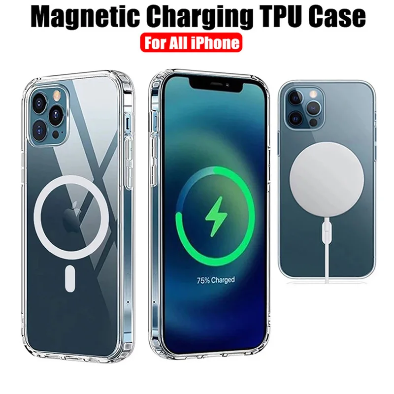 Clear TPU Magnetic Case For iPhone 16 15 14 13 12 Pro Max 11 XS Max Mini Magnet Wireless Charging Transparent Drop Cover