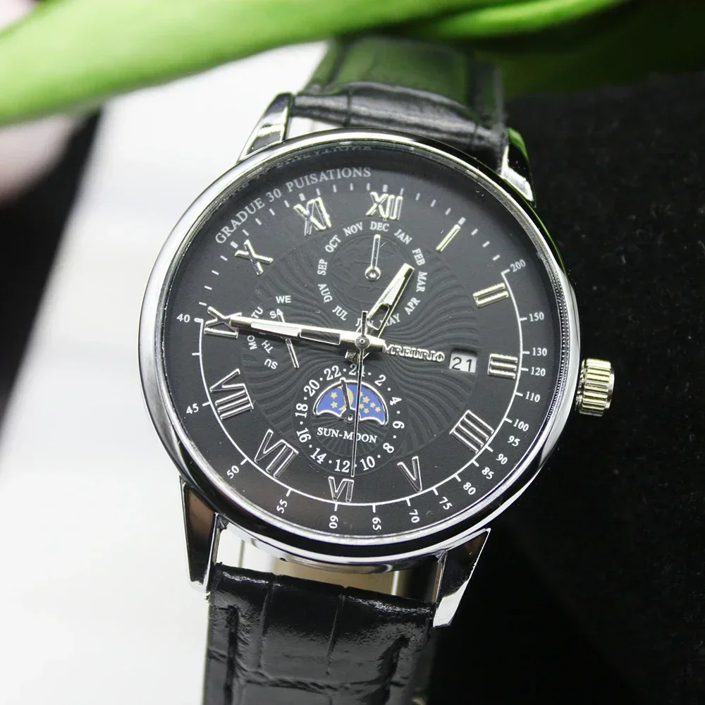 남성용 스테인레스 스틸 팔찌 가죽 벨트 하이 퀄리티 패션 방수 시계, 야외 여행용, 5 개 세트