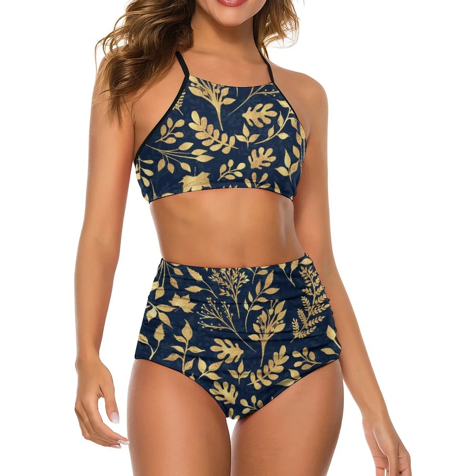 Gold Glitter Leaf Bikini Swimsuit Elegant Floral Print High Waist Swimwear Sexy Funny Bikinis Set Lady Push Up Swimsuits Biquini