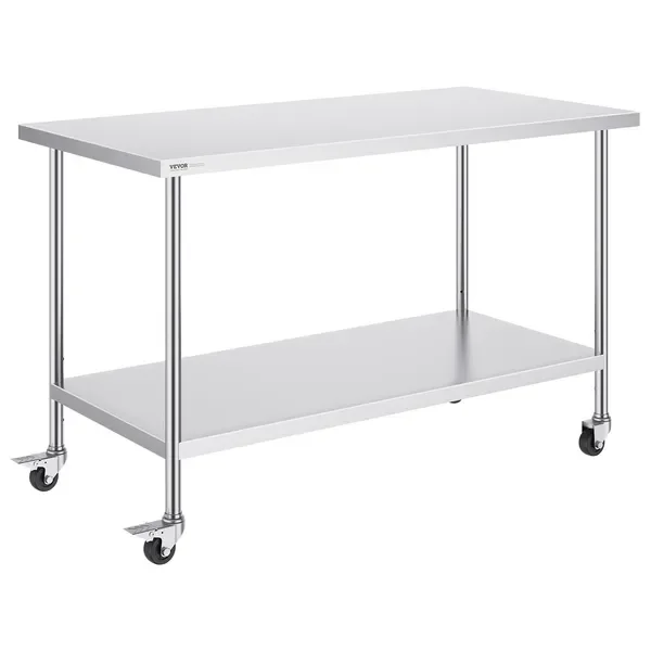 Stainless Steel Work Table 30x60x38 Inch, 4 Wheels, 3 Adjustable Heights, Heavy Duty Food Prep, Silver