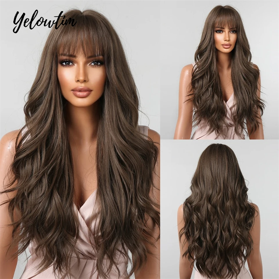 

Yelowtim Synthetic Long Natural Hair Wig Brown Wavy Wigs for Women with Bangs Daily Cosplay Heat Resistant