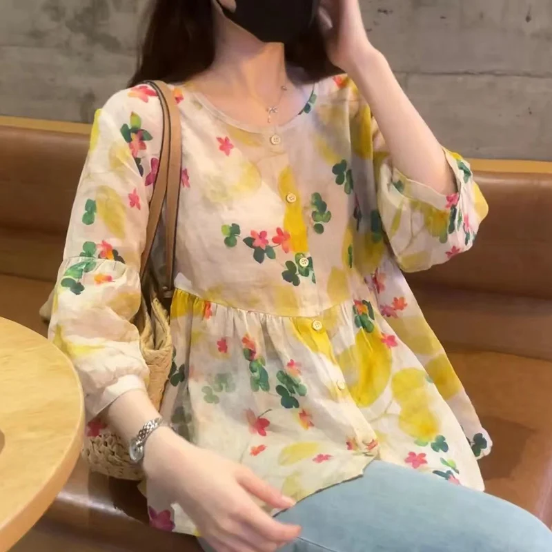 2023 Summer New Vintage Floral Printing Shirt Women Round Neck Three Quarter Ruffles Cardigan Female Fashion Loose Casual Tops