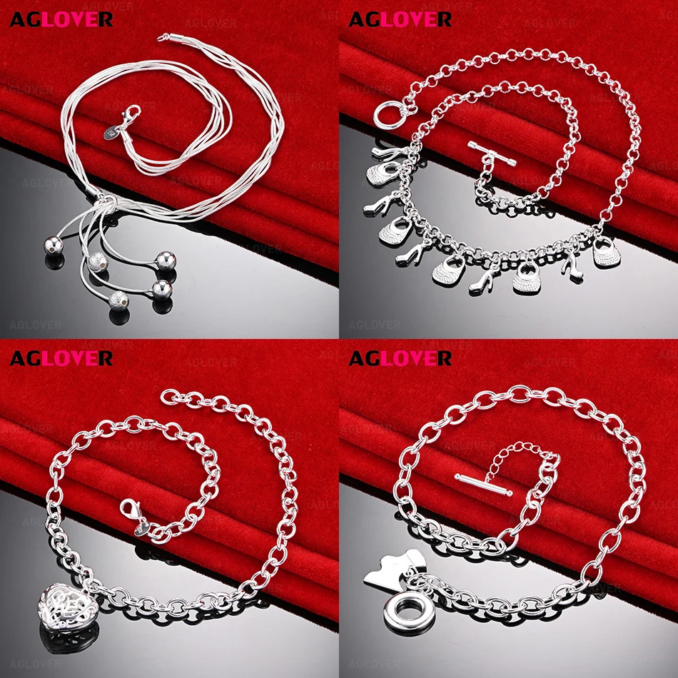 

AGLOVER 925 Sterling Silver Bag High Heels Pendant Circle Chain Necklace Women Charm Fashion Anniversary Gift Jewelry