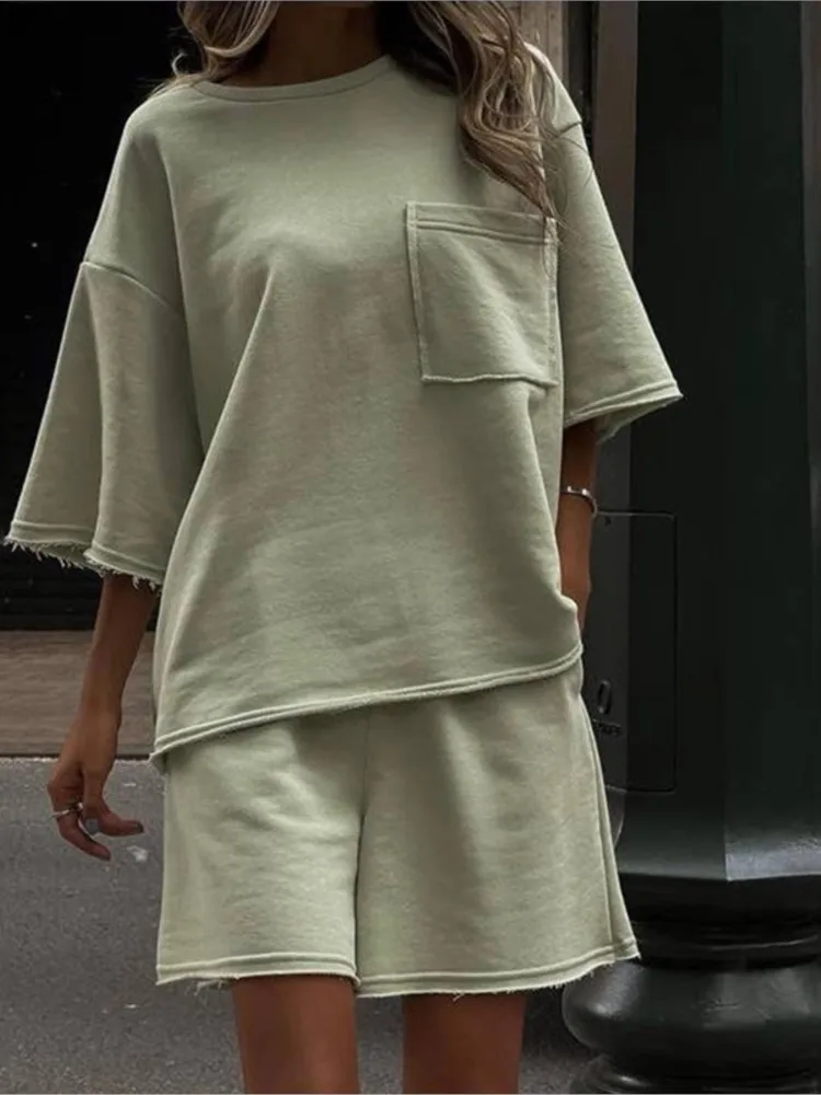 

Nice Casual Simple Short Style Sports Two Piece Set Women Solid Color Loose Half Sleeves T Shirt Shorts 2 Piece Sets Lady Street