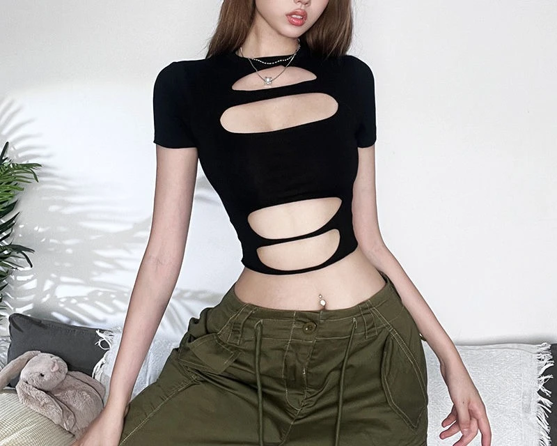 

Design Sense Hollow Sexy Summer Crop Top Temperament Hot Girl Crop Top Short Sleeve T-shirt Women