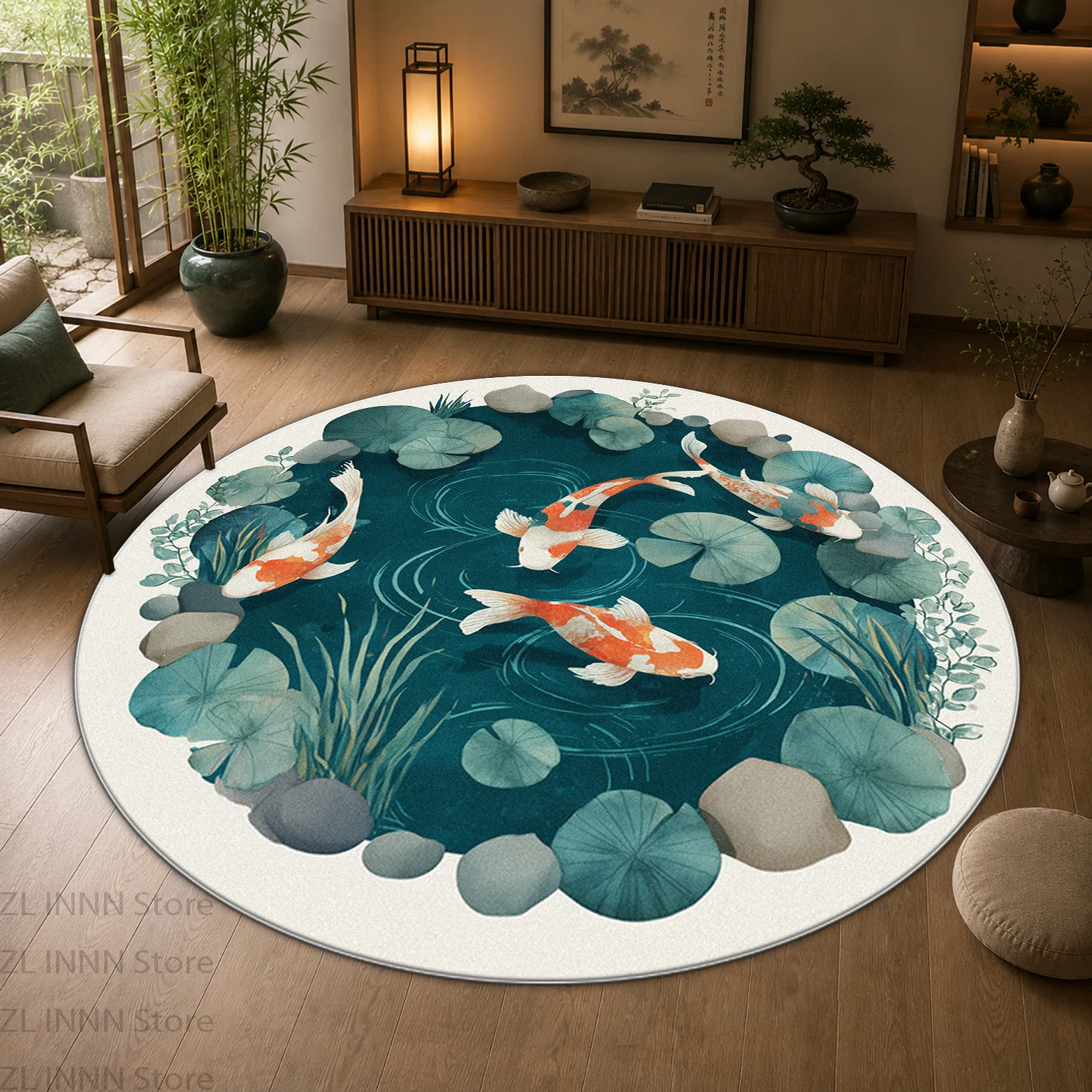 3D Koi Fish Pond Round Rug Decoration Home Sofa Area Fluffy Soft Non-slip Carpet for Living Room Bedroom Bedside Plush Chair Mat
