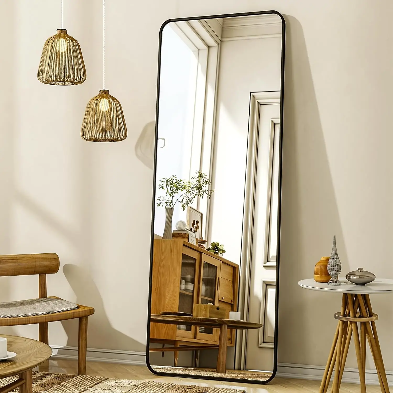 56x21 Inch Full-Length Mirror with Stand, Rounded Corners for Safety, Wall Mount or Lean, Black Frame