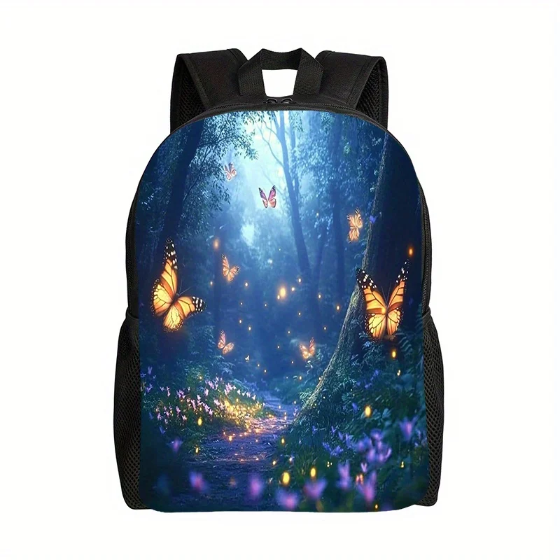 

Spring-themed 2D flat print backpack featuring forest butterflies and flowers with adjustable shoulder straps and zip