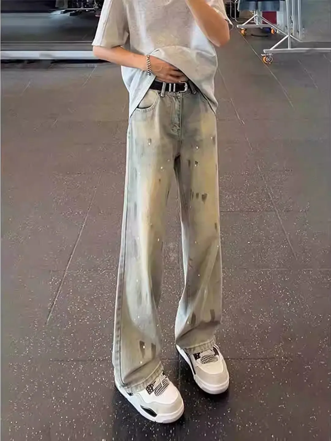 American Retro Straight Leg Men's Jeans Graffiti Dye  Paw Print Wide Leg Pants Cleanfit Casual Spring Fashion Jeans