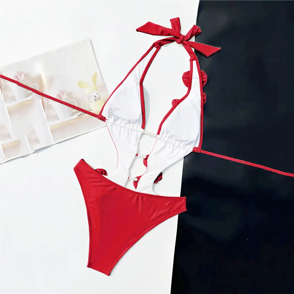 Sexy Red 3D Flower Swimsuit One Piece Woman Halter Backless Swimwear 2026 Pearl String Hollow Out Monokini Bathing Suit Wear