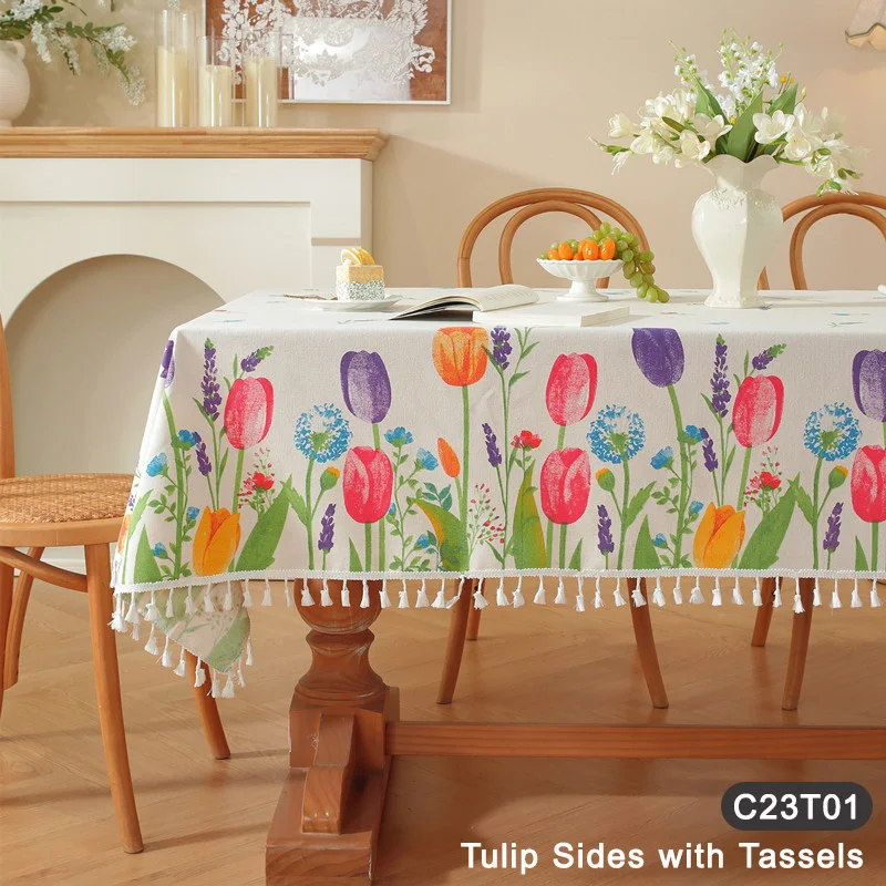 

Floral Tulip Bloom Printed Tablecloth - Poly-Cotton Blend, Fringed Edge, Rectangle Shape for Coffee and Dining Tables