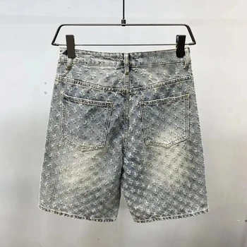 American Y2K Light Luxury Quality Retro Denim Shorts Summer Hip Hop INS Men Loose Shave Jacquard Couple Denim Five Point Pants 5