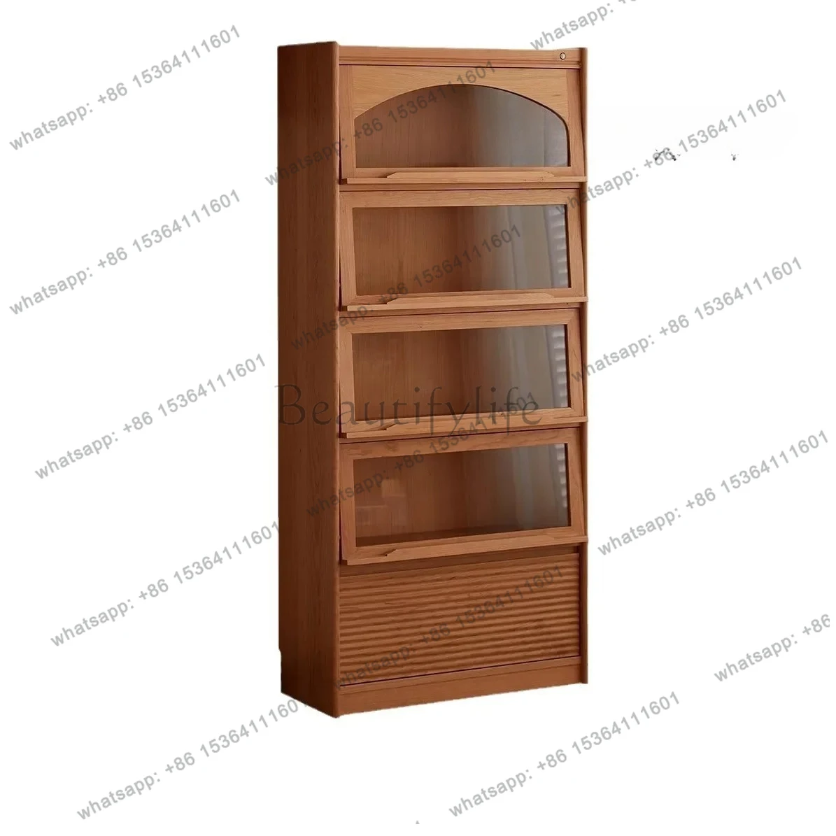 

Cherry wood solid wood bookcase floor-to-ceiling bookshelf Nordic glass display Japanese-style living room dining side cabinet
