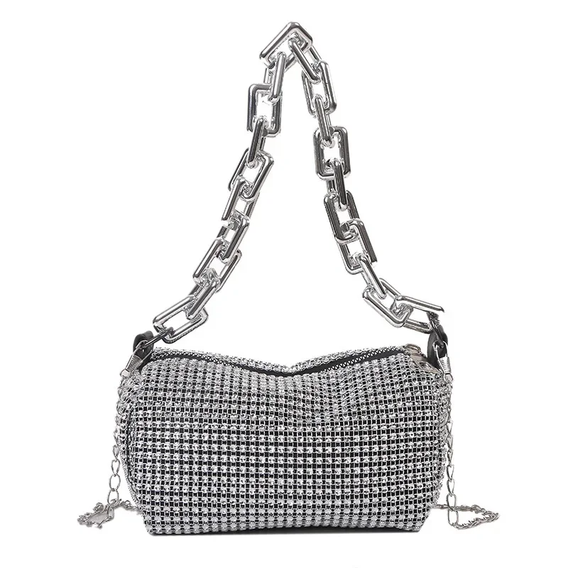 Allover Rhinestone Bucket Bag, brokatowa torebka na studniówkę z łańcuszkiem, damska mini torba na ramię