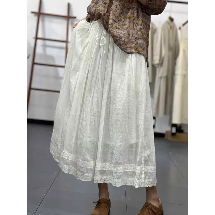 

Лето 2023. Женская юбка-миди трапециевидной формы с эластичной резинкой на талии, тонкая вышитая хлопково-льняная смесь, повседневная подставка с высокой талией, подходит для ...