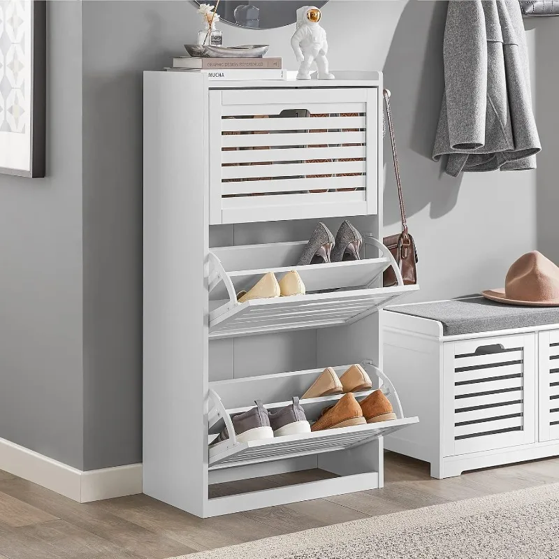 Shoe Cabinet with 3 Flip Drawers, Freestanding Shoe Rack with Hooks, Shoe Storage Cupboard Organizer Unit, White