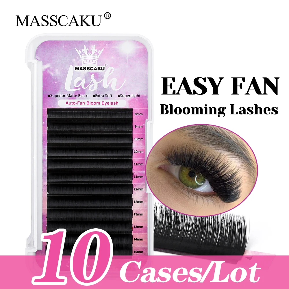 12 Lines MASSCAKU 10cases/lot 8-17mm and Mix Size 1 Second Blooming Lash Long-lasting Automatic Fanning Lashes with Rich Styling