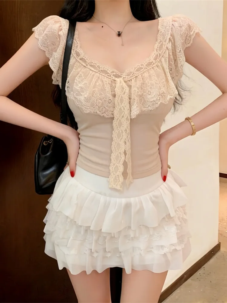 

Pure Desire Sexy Square Collar Lace Splice Slim Short Sleeve T-Shirt Women Summer New Fashion Short Style Top City Walk