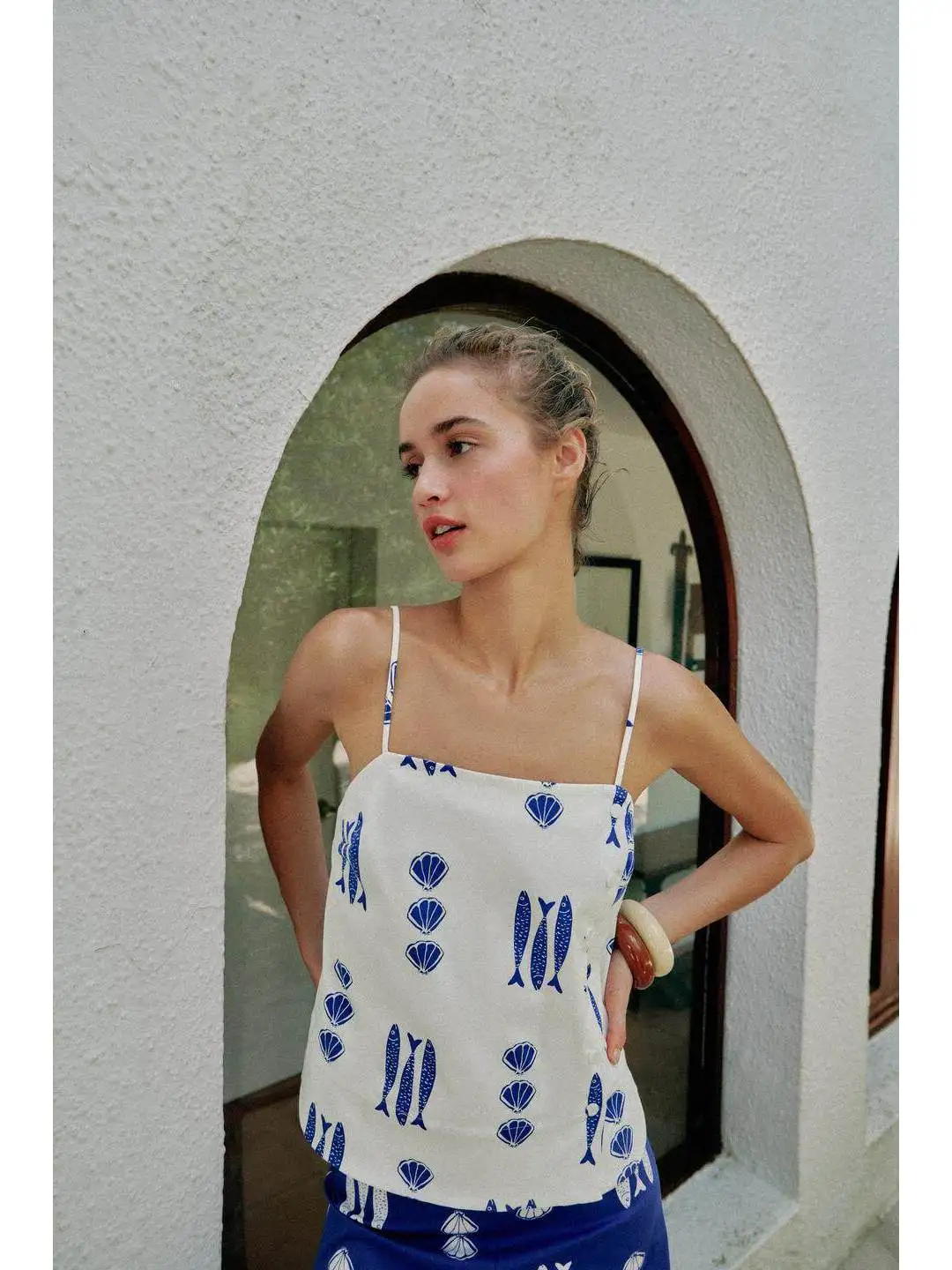 

Summer Floral Print Button Decorated Top with Bow Tie Wide Leg Pants Women's Fashion Set High Waist Straight Cut Polyester Fiber