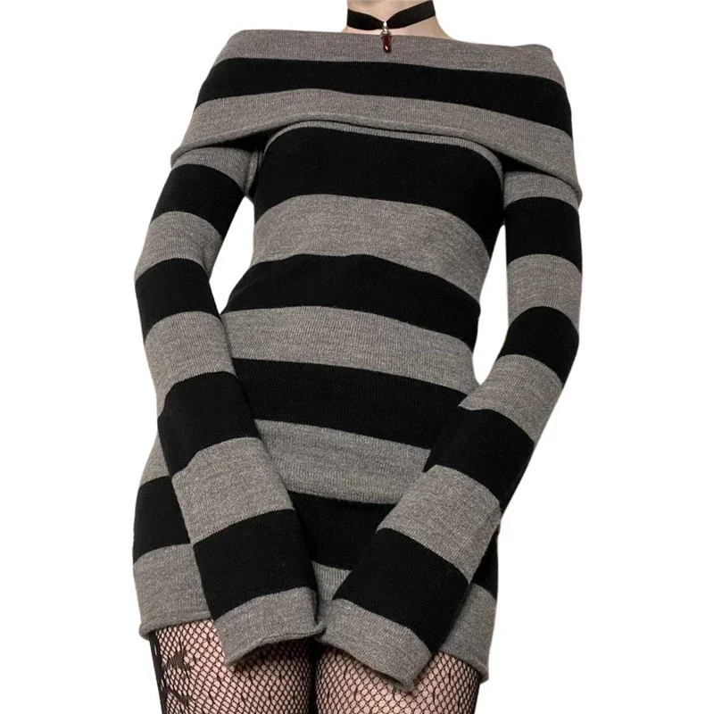 2024 New Gothic Dress Women Punk Style Witchy Dark Academia Off Shoulder Long Sleeve Knitted Dress Y2k Grunge Dresses Clubwear