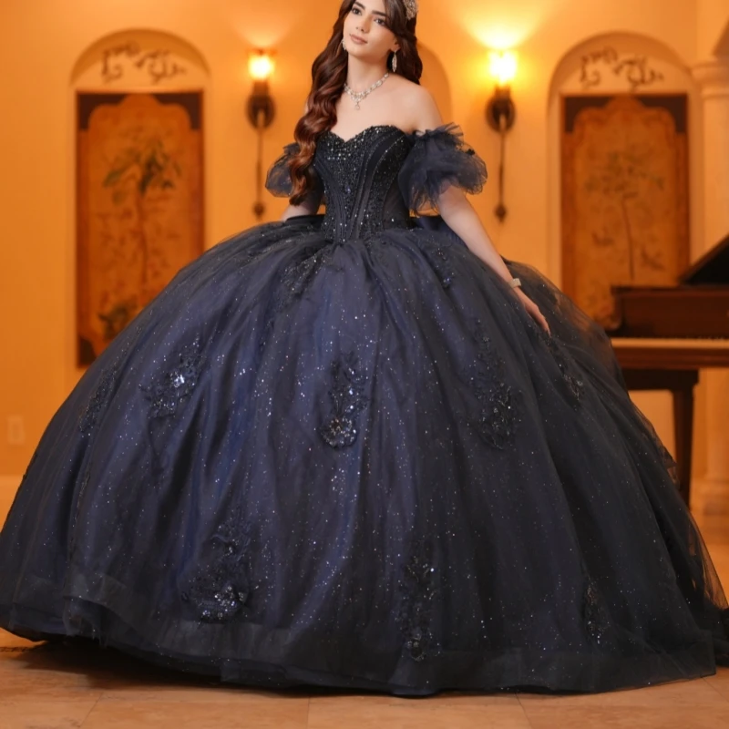 

Black Shiny Ball Gown Quinceanera Dresses Applique Lace Beading Crystal Tull Corset Off Shoulder Sweet 16 Dress Vestidos 15 de
