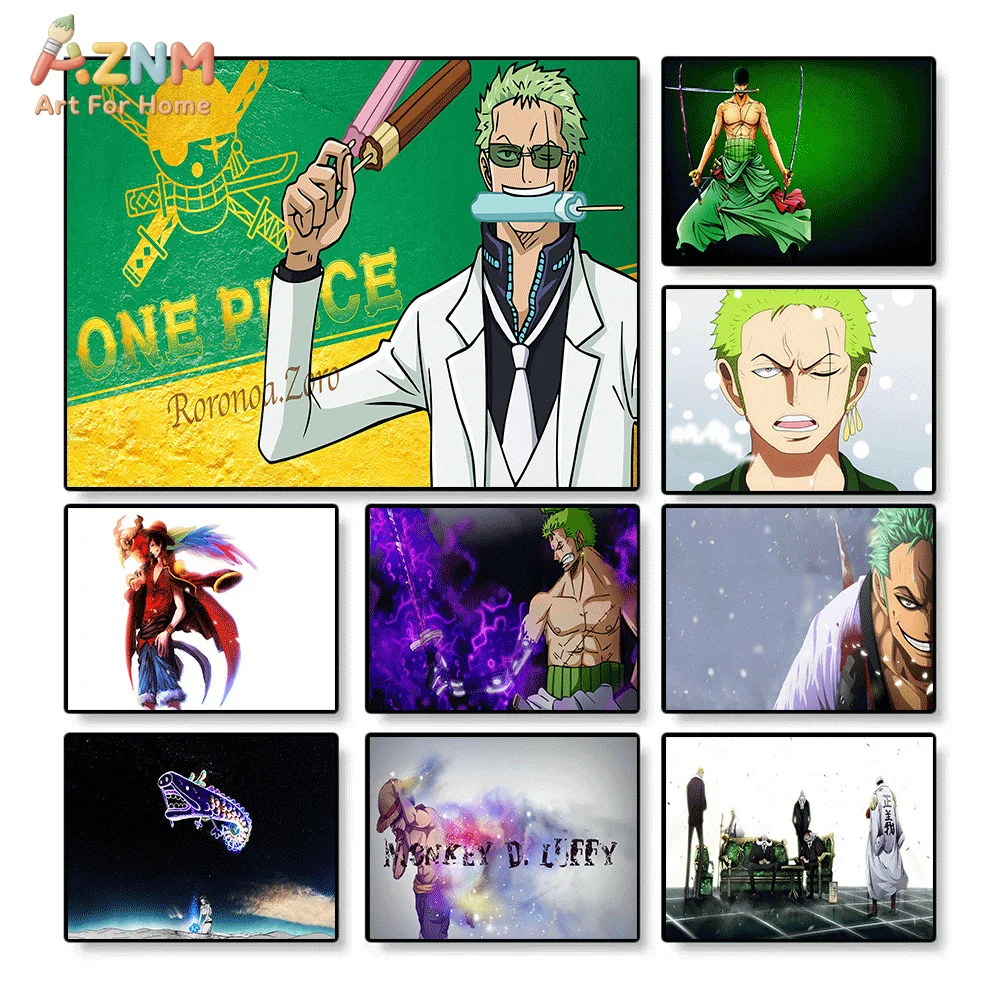 AZNM - Lienzo Decorativo de Anime One Piece, Roronoa Zoro con Tres Espadas, Logo Pirata de Monkey D. Luffy, Impresión HD sin Marco