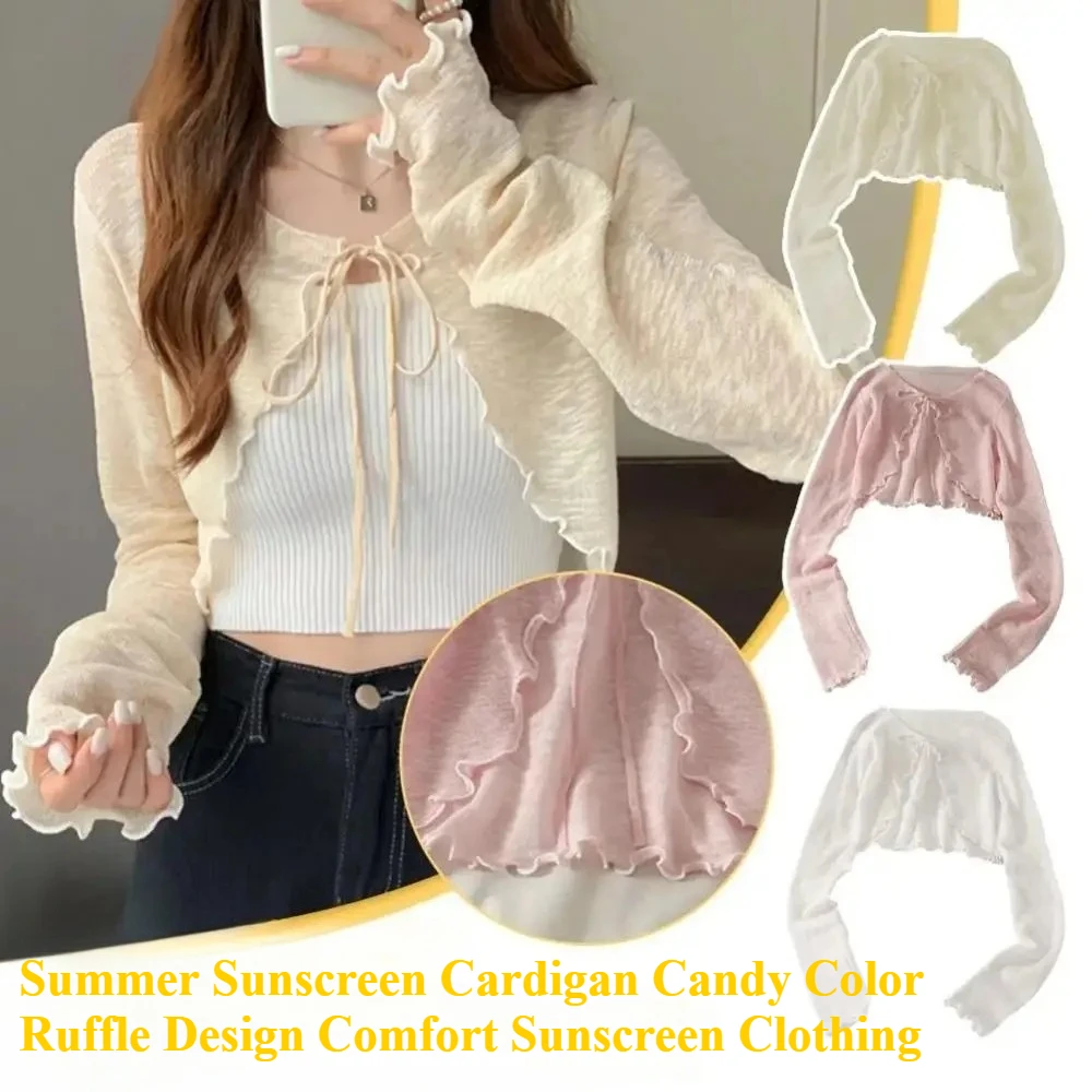 

Summer Sunscreen Cardigan Ruffle Design Candy Color Sunscreen Clothing Slim Korean Fashion Long Sleeve Short Coat Women 도매