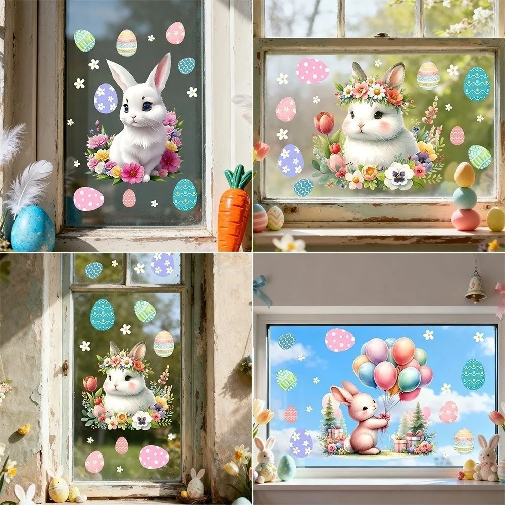 New Easter Flower Rabbit Sticker Self-Adhesive Waterproof Festival Party Sticker Removable PVC Wall Decal Glass Decoration