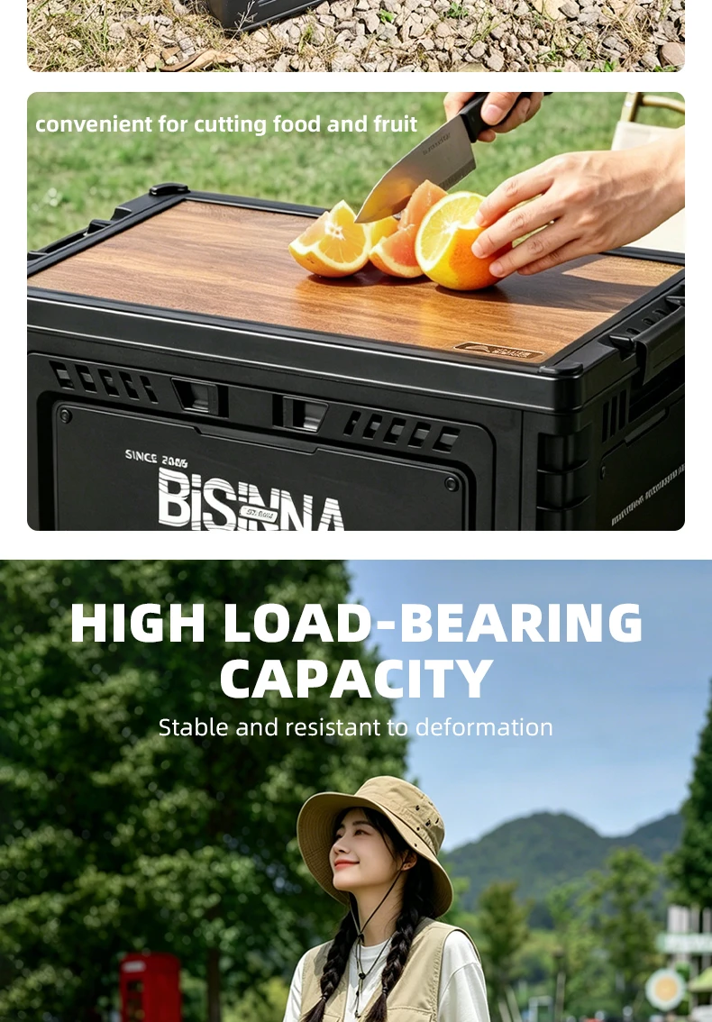 BISINNA Camping Box 30L/60L Large Capacity Folding Storage Box Car Trunk Wooden Lid Home Bedside Table for Outdoor Picnic Travel