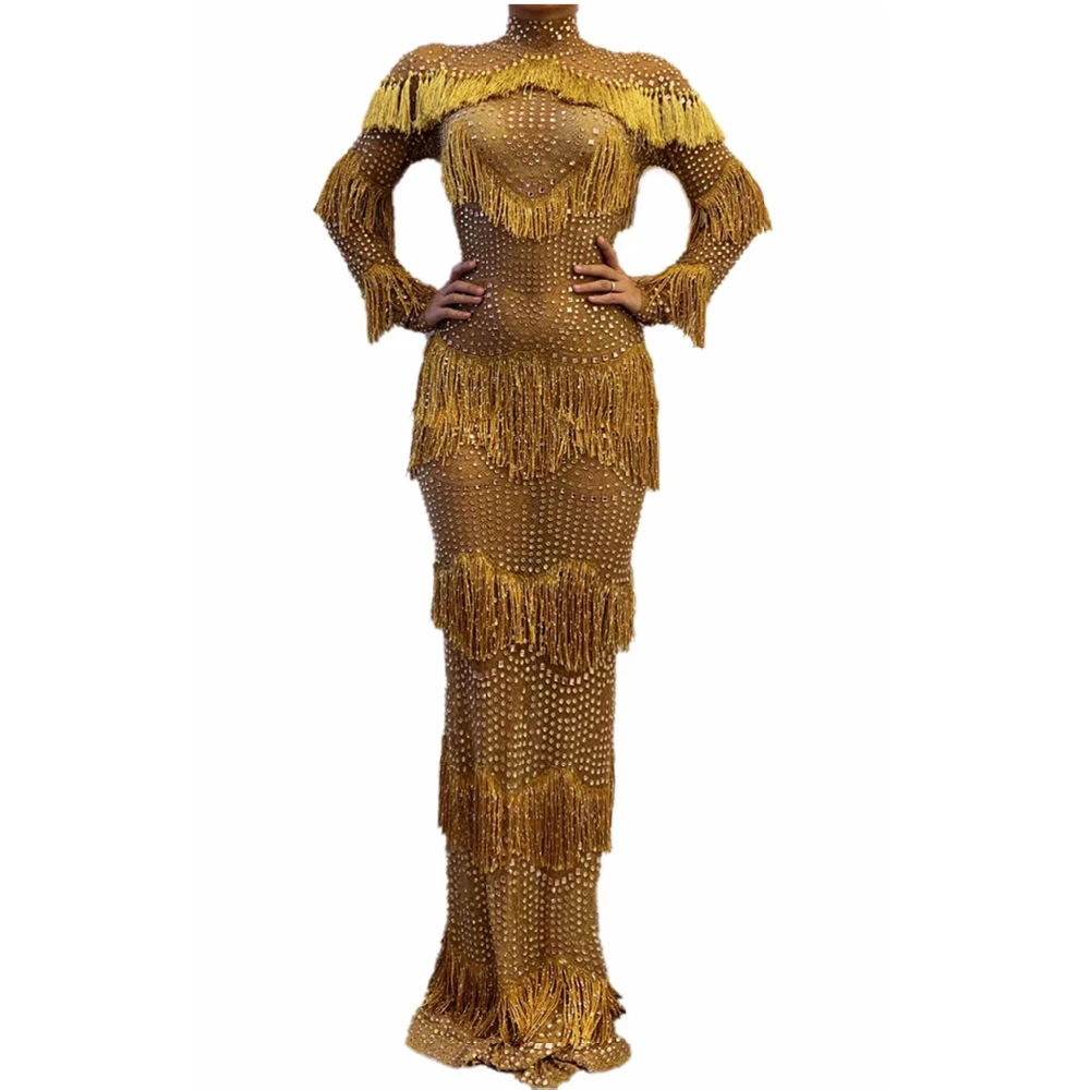 Bar Ballerino latino Abiti da cantante Lusso con frange dorate Strass Manica lunga Abiti lunghi fino al pavimento Abito da donna per festeggiare il compleanno