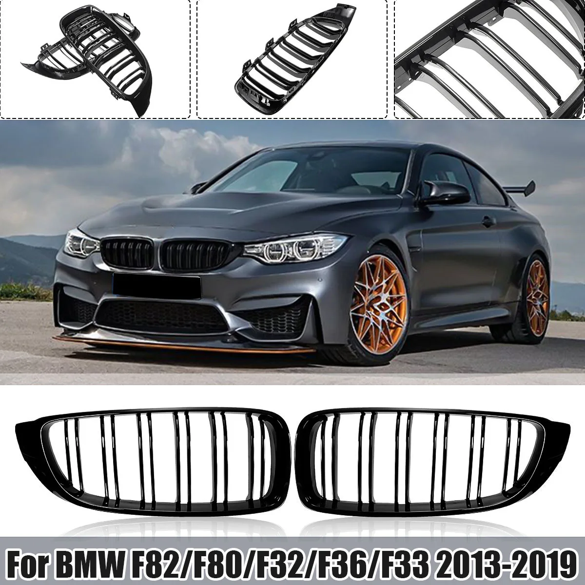 Auto-Frontstoßstangengrill Renngrill für BMW 4er F32 F33 F36 M3 F80 M4 F82 2013-2018 Glänzend Schwarz Doppellamellen-Grill Zubehör