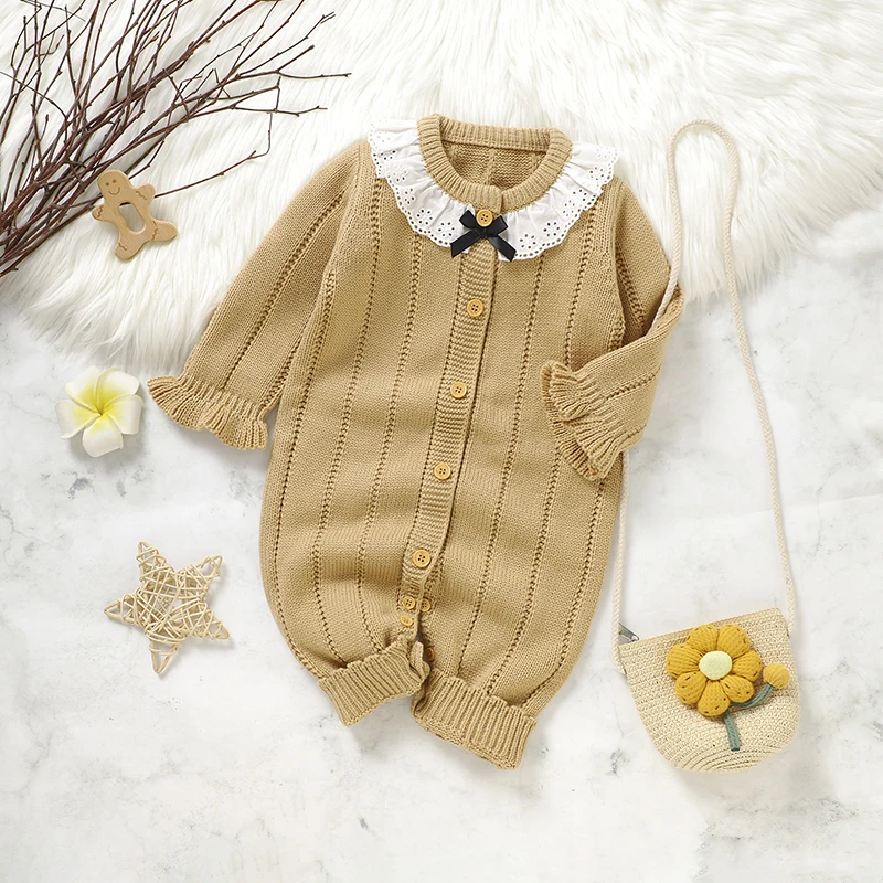 

Вязаный комбинезон для новорожденных, детская одежда для малышей 0-18 месяцев, модный однотонный комбинезон с рюшами, комбинезон для девочек, теплый осенний комбинезон с длинными рукавами