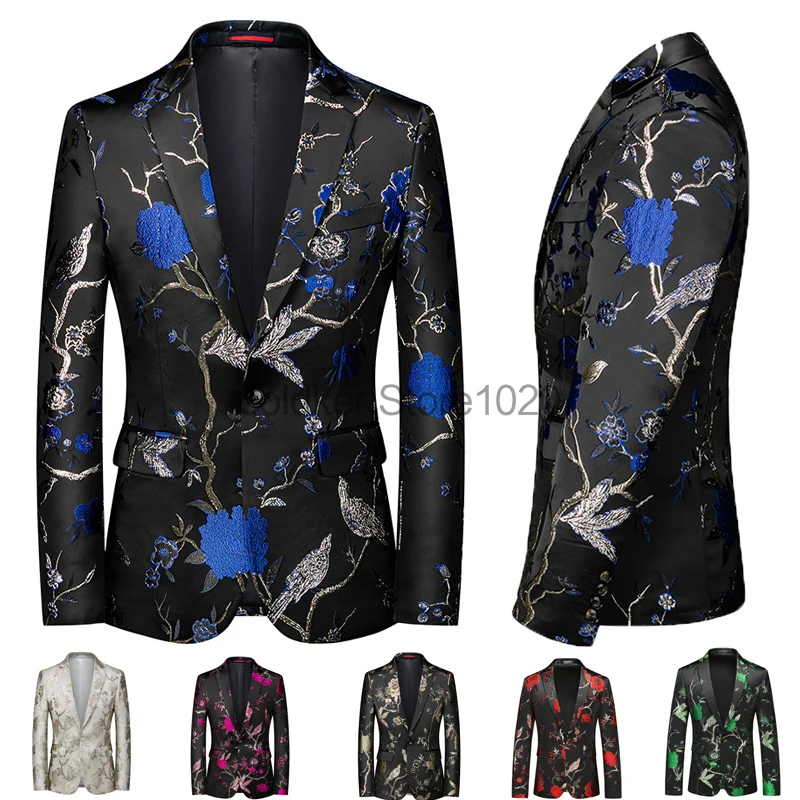 

New Men's Boutique Golden Floral Blazer Jacket Fashion Elegant Slim Fit Business Coat Singer Banquet Party Performance Costume