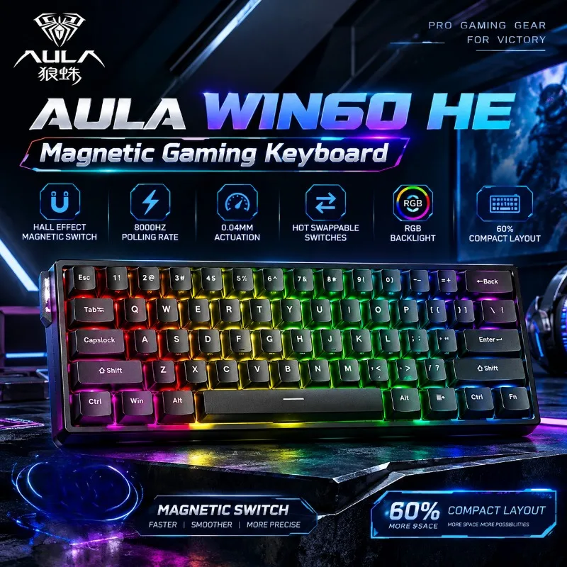 AULA WIN60 HE Magnetic Gaming Keyboard 60 Percent Wired Hall Effect 8000Hz Rapid Trigger Adjustable RGB Backlit For PC Gamer