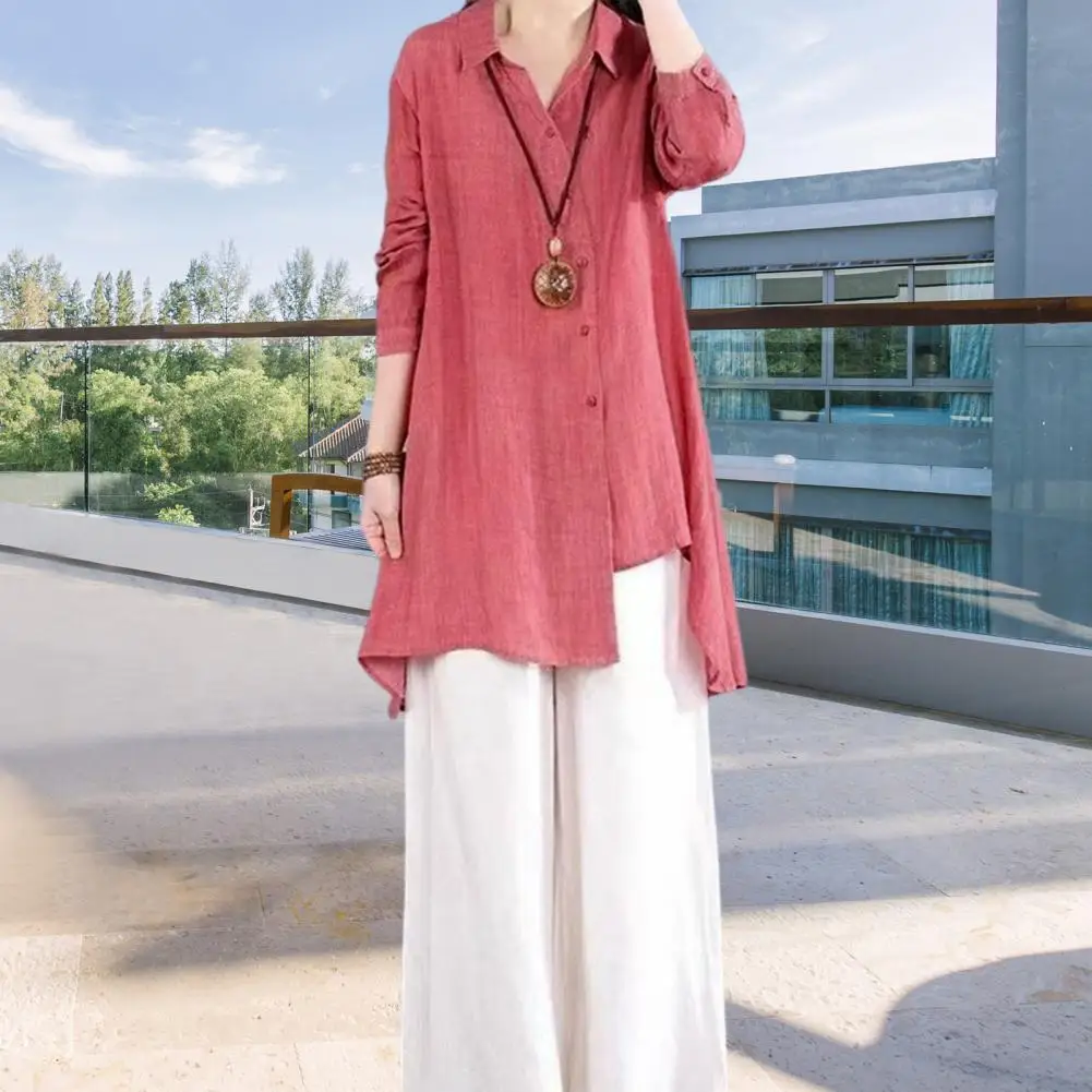 

Women Shirt Lapel Long Sleeve Single Breasted Shirt Tops Irregular Hem Solid Color Mid-length Cotton Linen Loose Leisure Shirt
