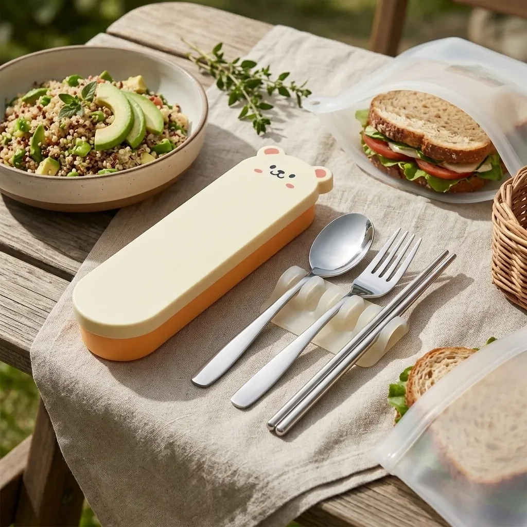 Portable Stainless Steel Cutlery Set Spoon Fork Chopsticks Holder Case Tableware Lunch Box Silverware Student School Kids Travel